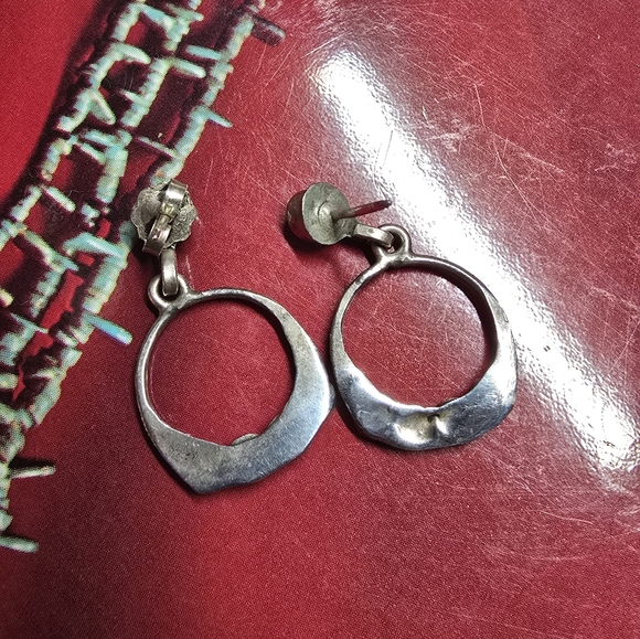 Vintage Zuni Silver and Turquoise Hoop Earrings - Picture 2 of 4
